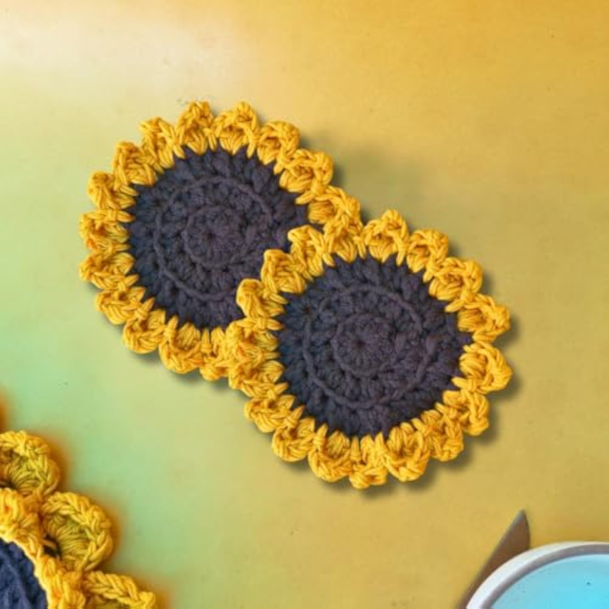 Handmade Sunflower Crochet Table Mat and Coaster Set